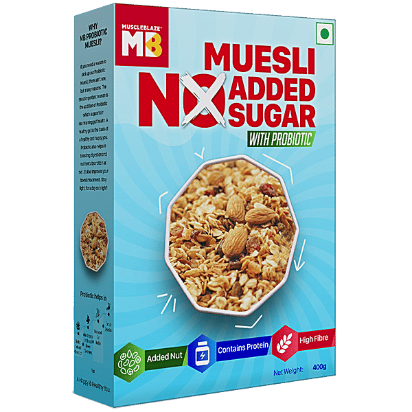 Buy MuscleBlaze Muesli With Probiotic, No Added Sugar, Multigrain Flakes, CholesterolFree