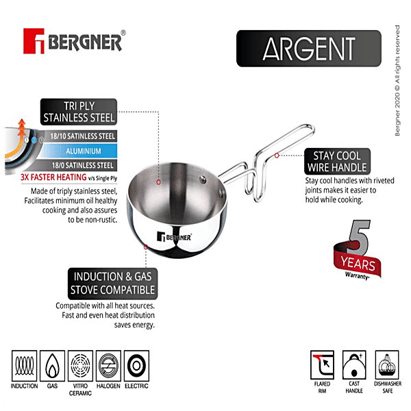 BERGNER Argent Triply Stainless Steel Tadka Pan with Stay Cool