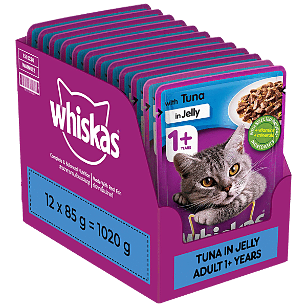 Buy Whiskas Wet Cat Food - Adult, +1 year, Tuna In Jelly, For Balanced  Nutrition & Shiny Coat Online at Best Price of Rs 552 - bigbasket