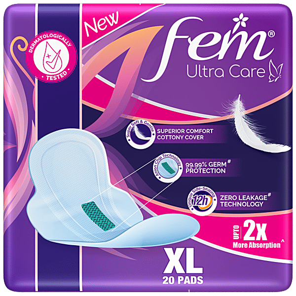 Buy Fem Ultra Care Sanitary Pads XL, With Wings, Cottony Cover, 2X