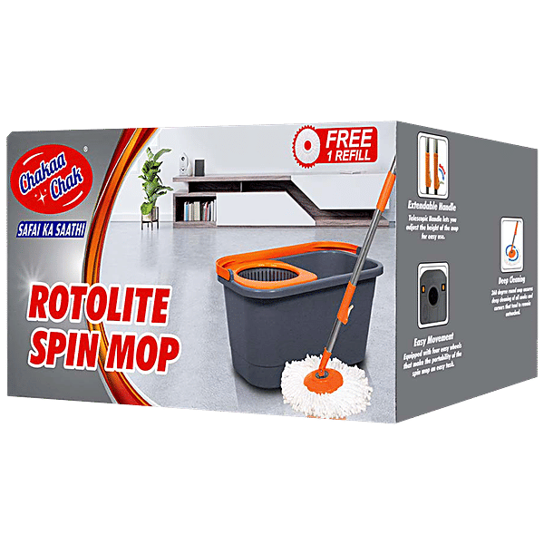 Buy Chakaachak Rotolite Spin Mop Plastic + TPE, Extendable Handle, 3.9 ft, Grey & Orange
