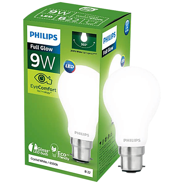 Buy Philips Full Glow 9W LED Bulb Crystal White, 825 Lumen, 6500K B22, Diffused Online at Best