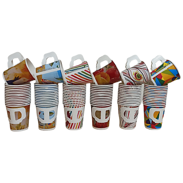 Buy Paricott Paper Cup With Handle, Mix Design, Assorted Colour, Eco