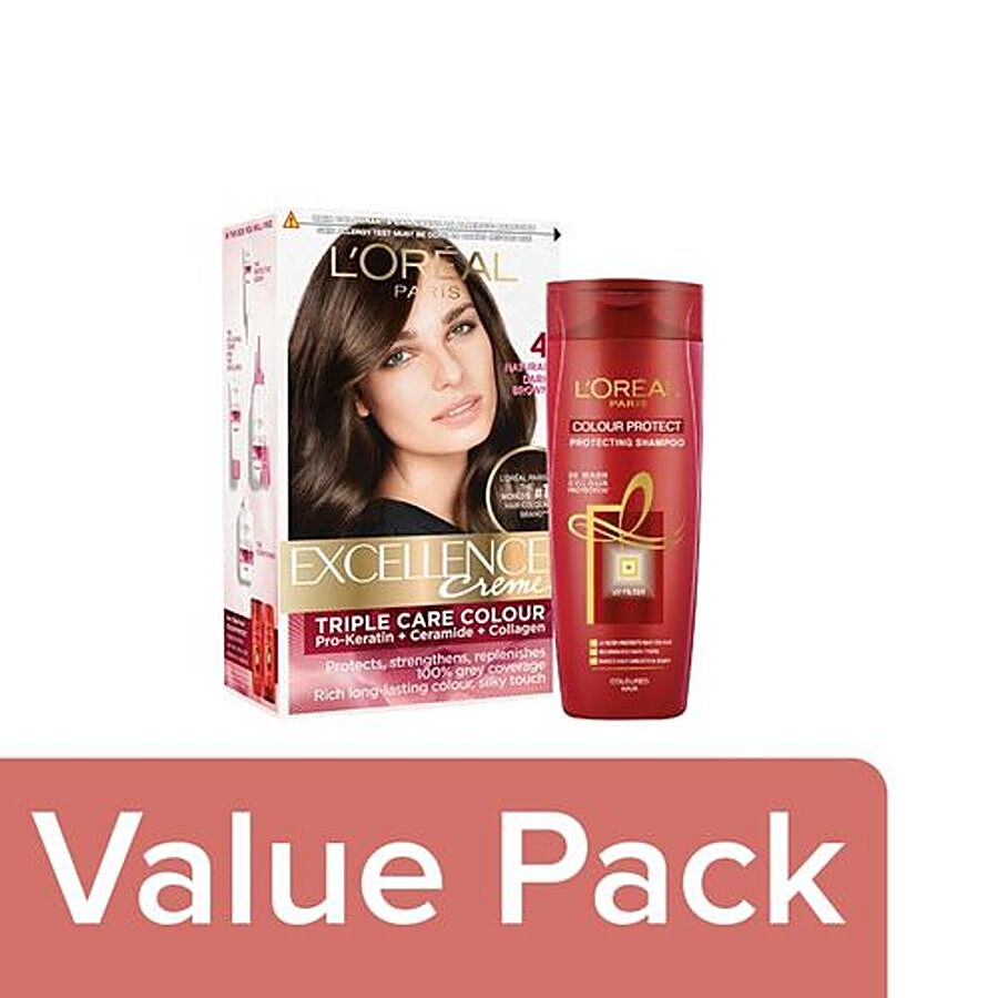 Loreal Paris Excellence Cream Hair Color Natural Dark Brown Color Protect Shampoo Combo 2 Items