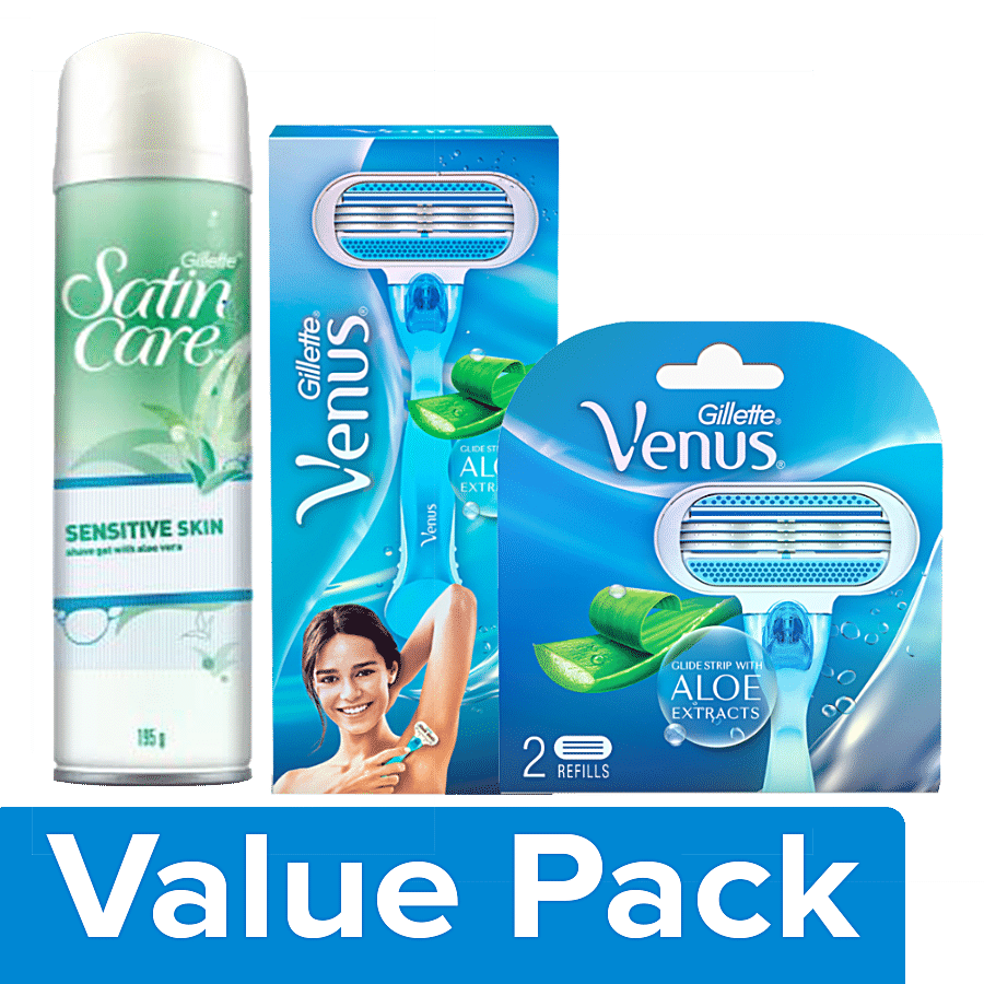 Buy Gillette Venus Hair Removal Razor 1pc+Aloe Vera Razor Blades 2pcs+Shave  Gel-Sensitive Skin 195g Online at Best Price of Rs 923 - bigbasket