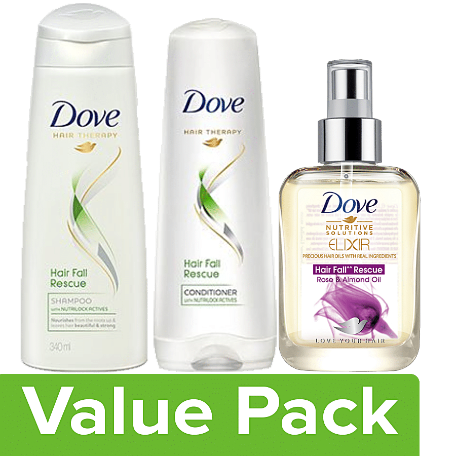 Buy Dove Hair Fall Rescue- Shampoo 340 ml+Conditioner 180 ml+Rose & Almond Hair  Oil 90 ml Online at Best Price of Rs 780 - bigbasket