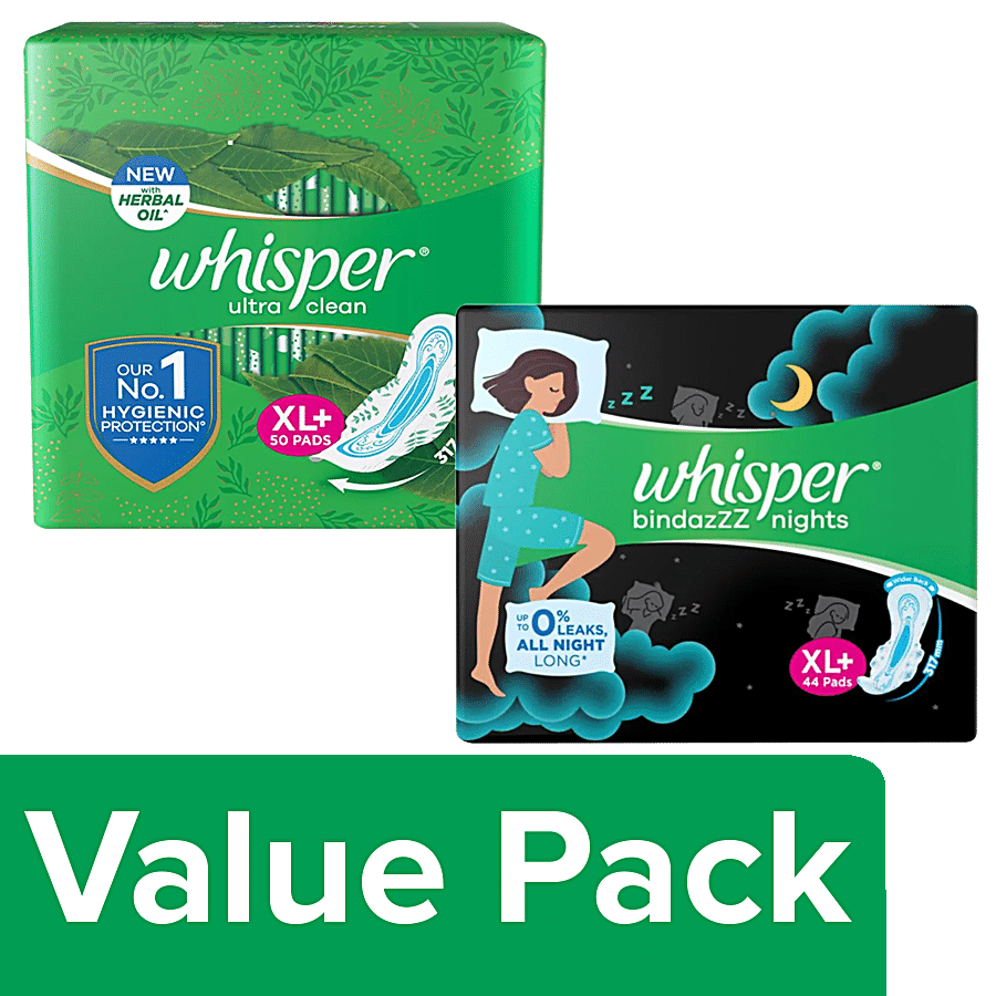 Buy Whisper Bindazzz Nights Sanitary Pads XL+ 44pcs + Ultra Clean