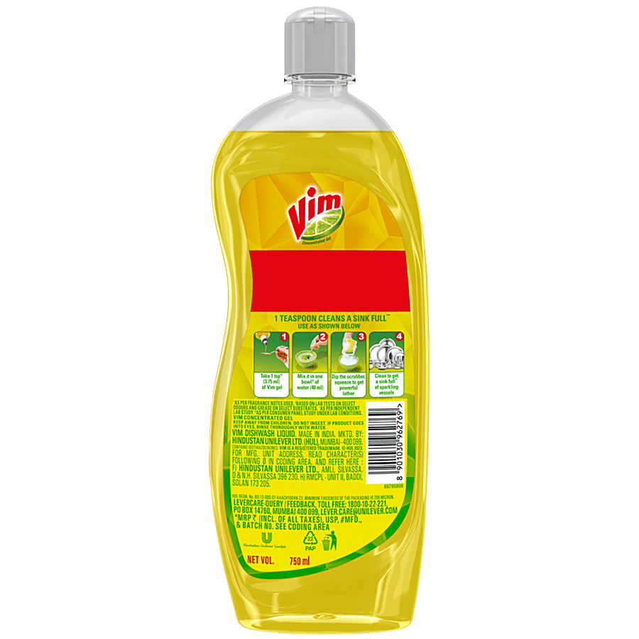 Vim Dishwash Liquid Gel Lemon, With Lemon Fragrance, Leaves No