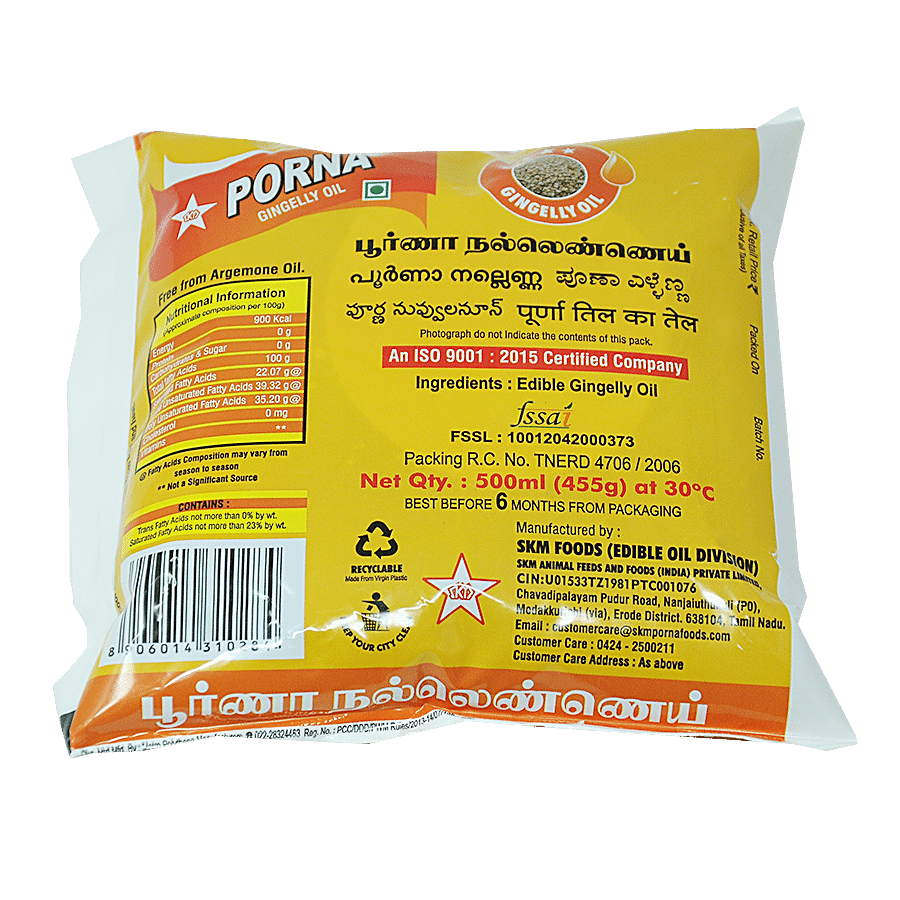 Buy Porna Gingelly Oil 500 Ml Pouch Online at the Best Price of Rs 88 -  bigbasket