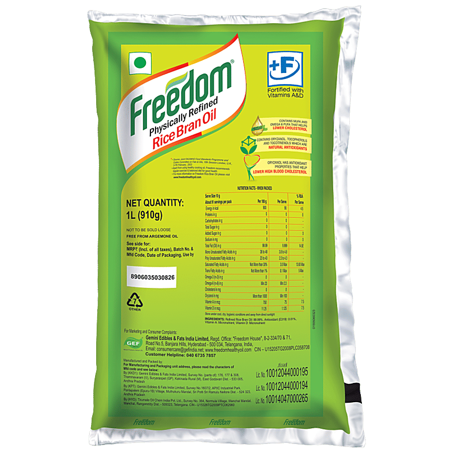 Buy Freedom Rice Bran Oil Physically Refined 1 Ltr Online at the