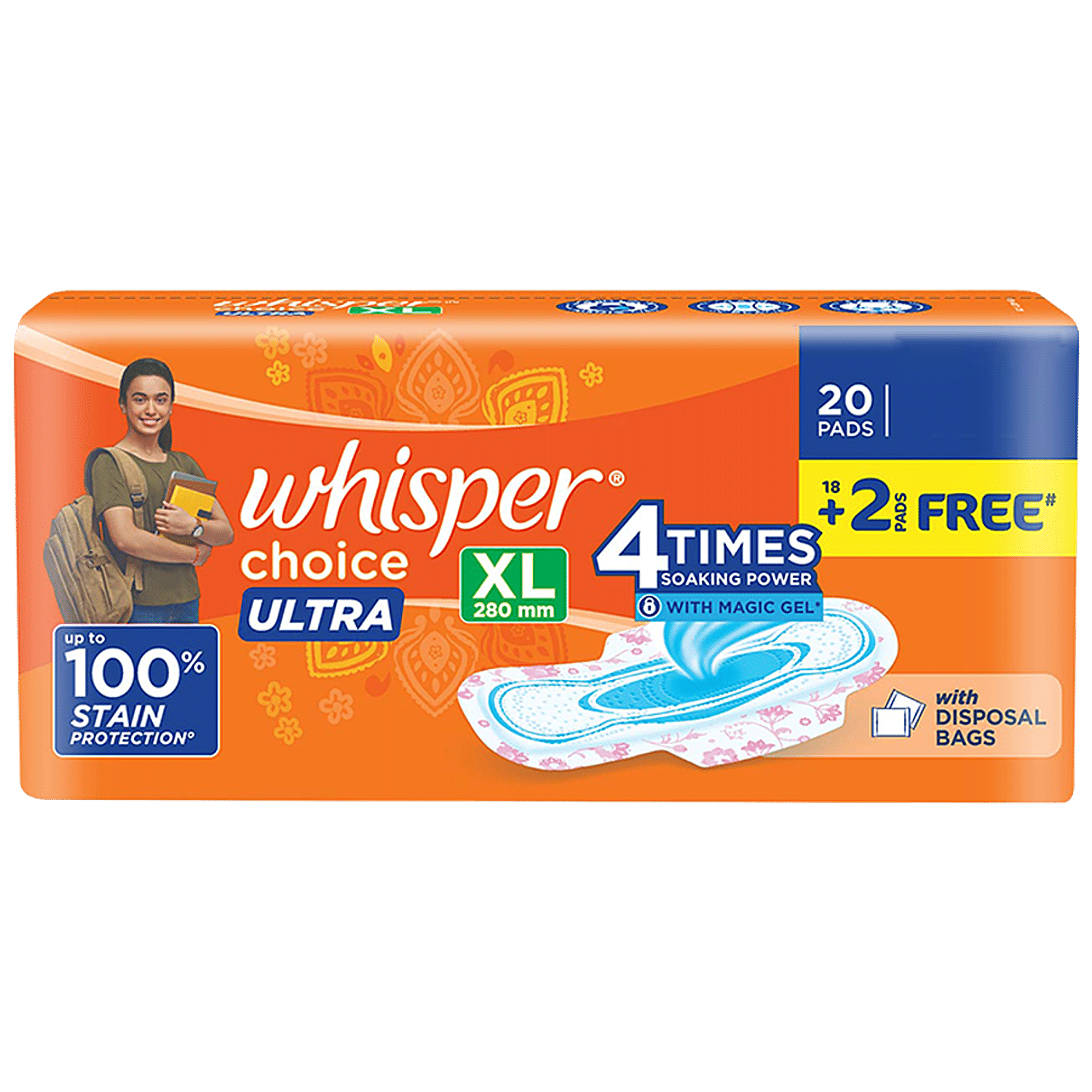 Whisper Choice Ultra Sanitary Pad - Xl, 20 Pcs (Get 2 Pads Free)