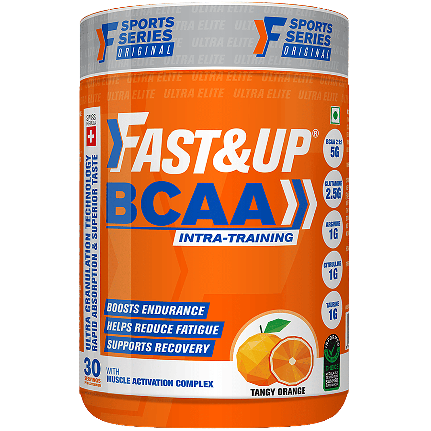 FAST&UP Supplements - Bcaa, For Muscle Recovery, Tangy Orange, 30 Servings