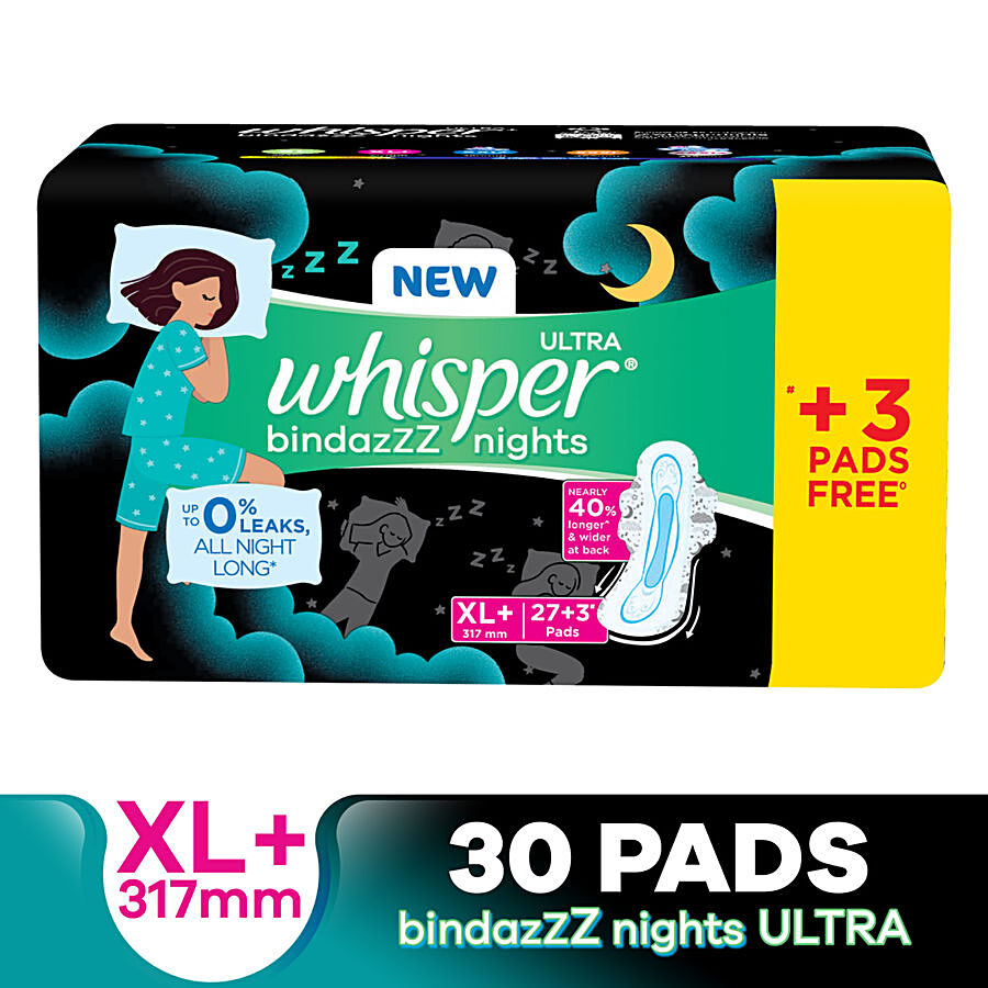 Buy Whisper Bindazzz Nights Sanitary Pads - XL, Longer & Wider Back, Stops  Leakage Online at Best Price of Rs 375.06 - bigbasket
