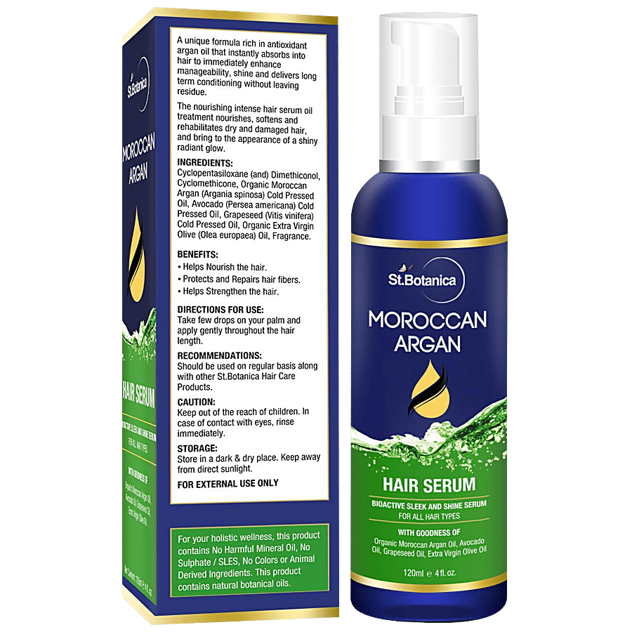 Buy StBotanica Moroccan Argan Hair Serum - For All Hair Types, Bioactive  Sleek And Shine Serum, No Harmful Mineral Oil, No Sulphate Online at Best  Price of Rs 749 - bigbasket