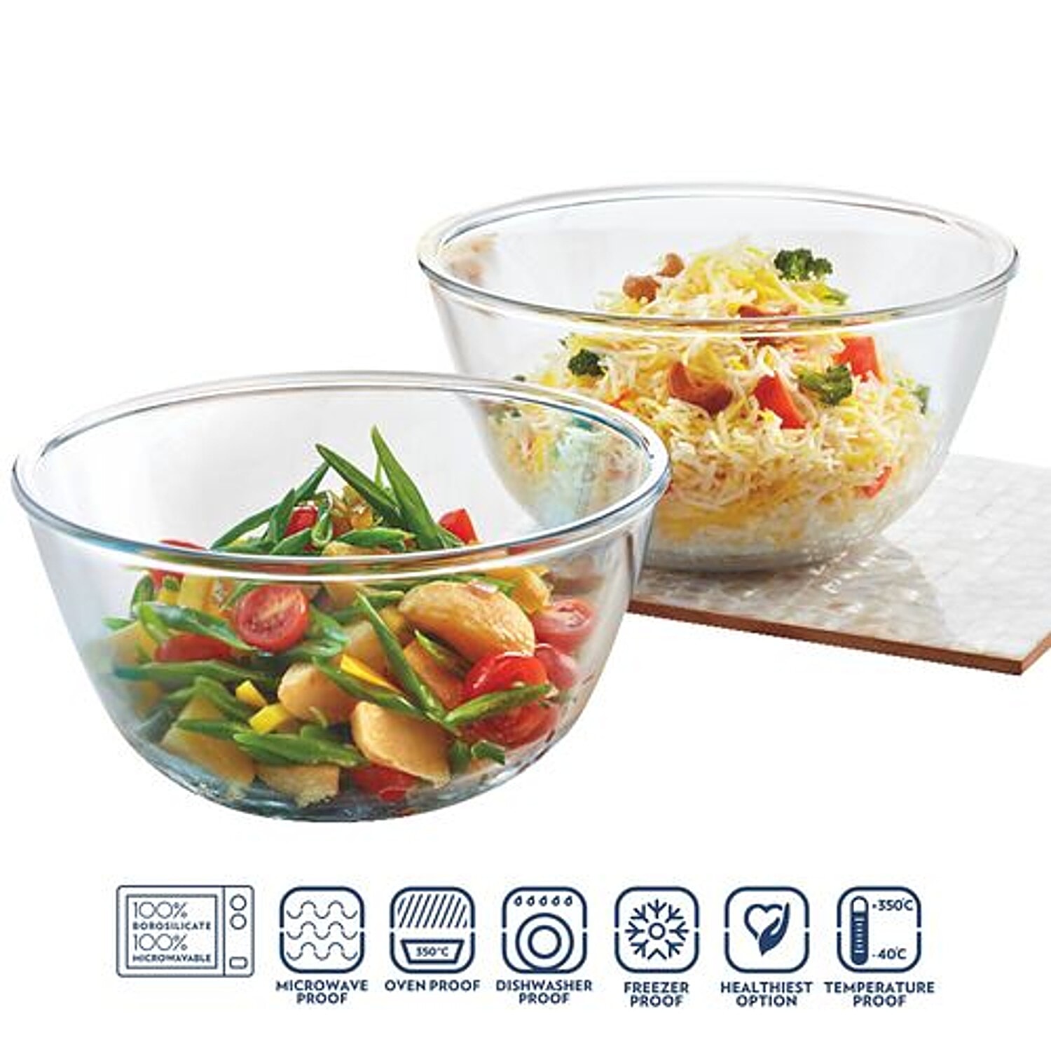 Borosil 100 Borosilicate Glass Mixing Bowls 1300ml + 1700 ml, 2 pcs