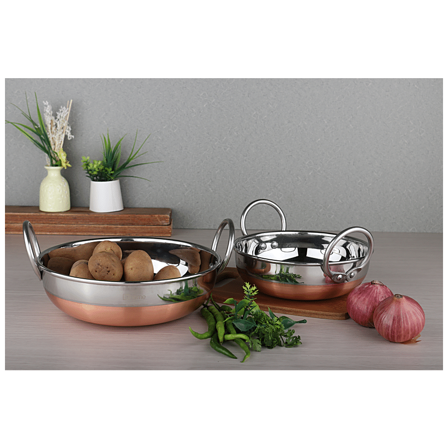 2 Pcs Copper Bottom Stainless Steel Kadahi for Cooking / Frying 7.5 & 10  #48102