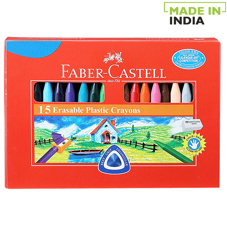 Faber-Castell Erasable Crayon Tin Set - Pack of 12 (Assorted) + 2 FREE Gold  and Silver