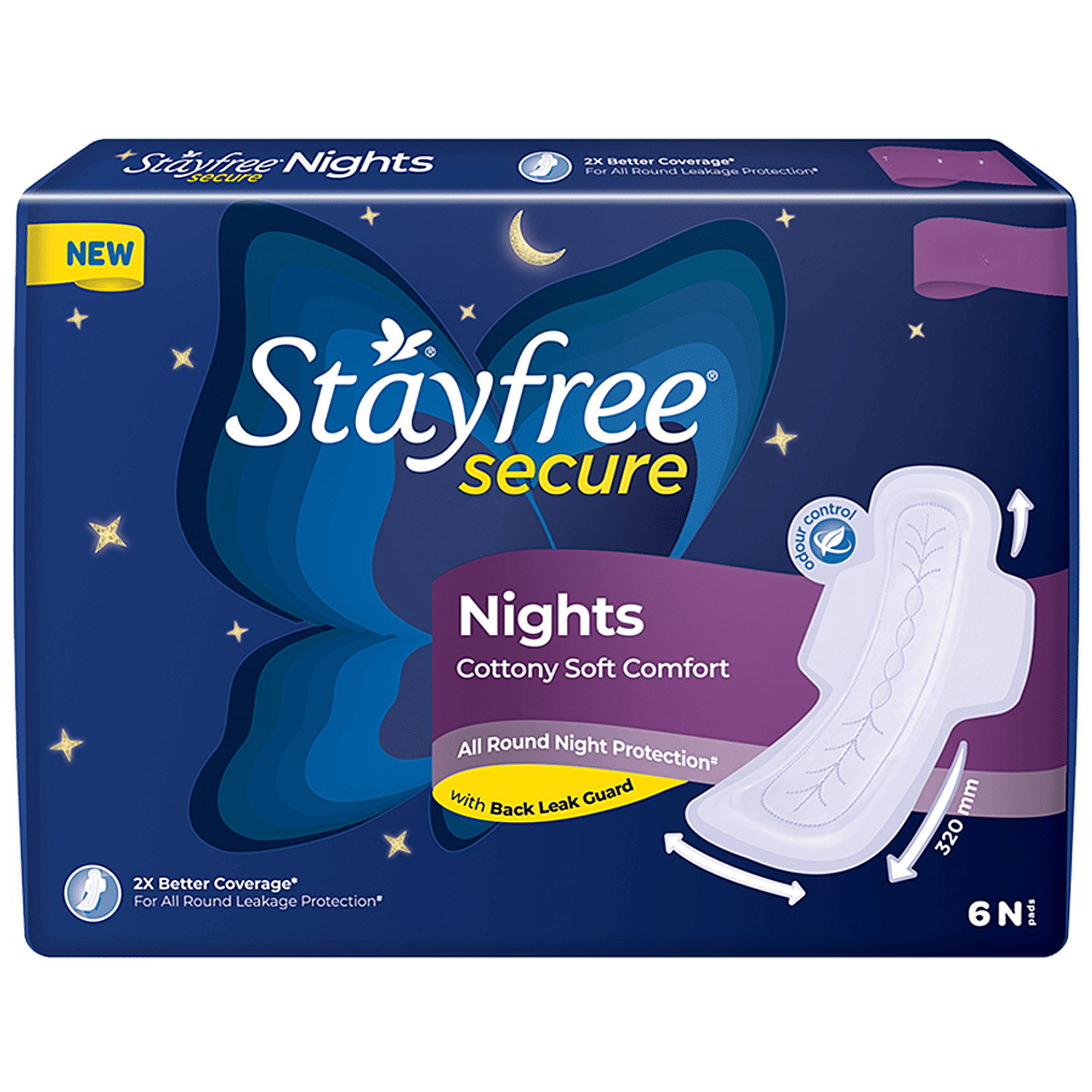 STAYFREE Secure Nights Sanitary Pad - Cottony Soft Comfort & Back Leak  Guard, 6 pcs