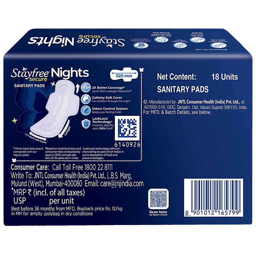Stayfree Secure Nights XXL | 40 Pads| Cottony Soft Sanitary Pads for Women  | Upto 100% leakage protection | Odour Control | Absorbs 2x Faster with