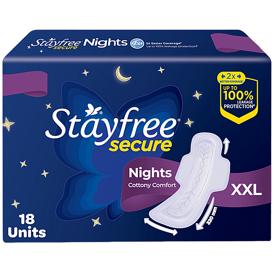 STAYFREE Secure Nights Sanitary Pad - Cottony Soft Comfort & Back Leak  Guard, 18 pcs