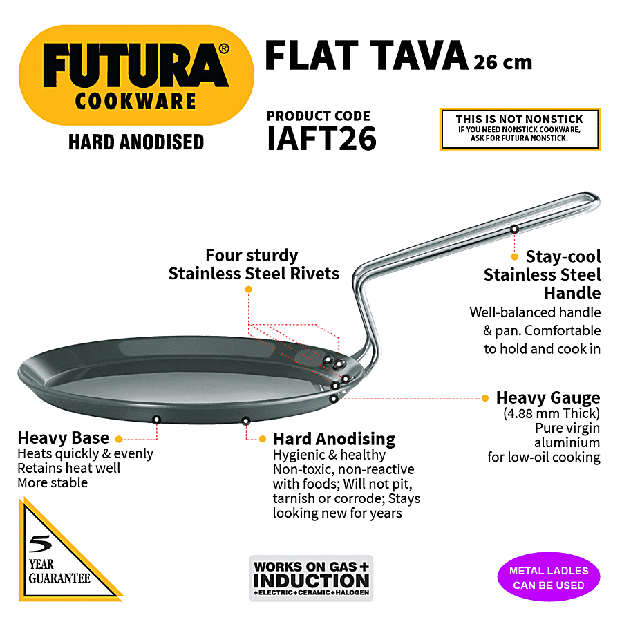 Buy Hawkins Futura Hard Anodised Aluminium Flat Tawa Induction Base, 26 cm,  4.88 mm, Stainless Steel Handle, IAFT26 Online at Best Price of Rs 1300  bigbasket