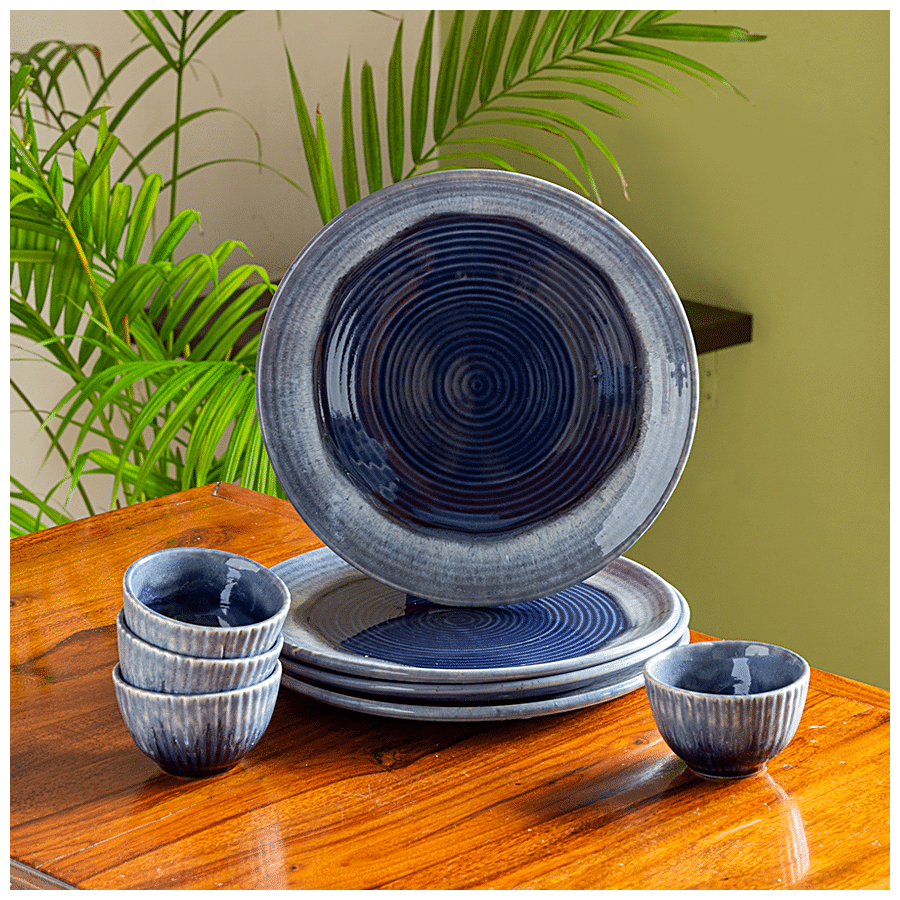 ExclusiveLane Ceramic Dinner Set - Plates With Katoris, Sapphire Swirl,  Hand Glazed, Studio Pottery, Microwave Safe, 8 pcs
