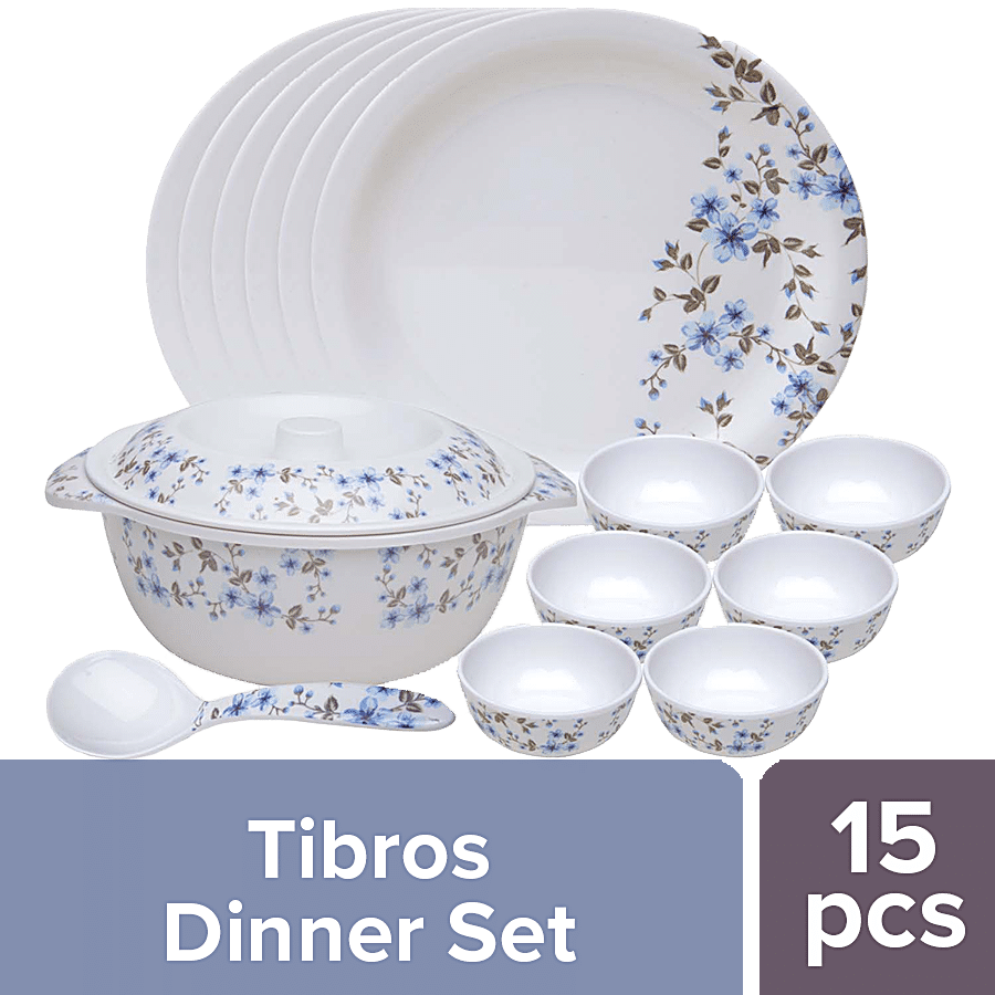 Tibros Dinner Set - Melamine, Blue Blossom, Aster Series, White, 15 pcs