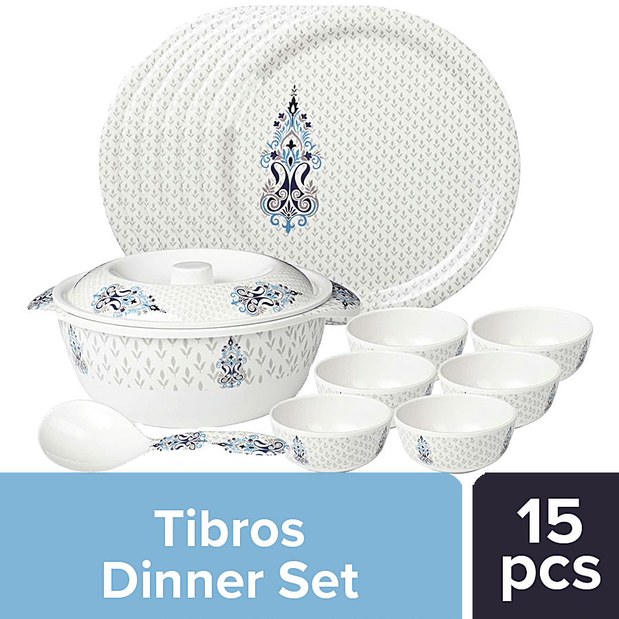 Tibros Dinner Set - Melamine, Firozi, Aster Series, White,, 15 pcs