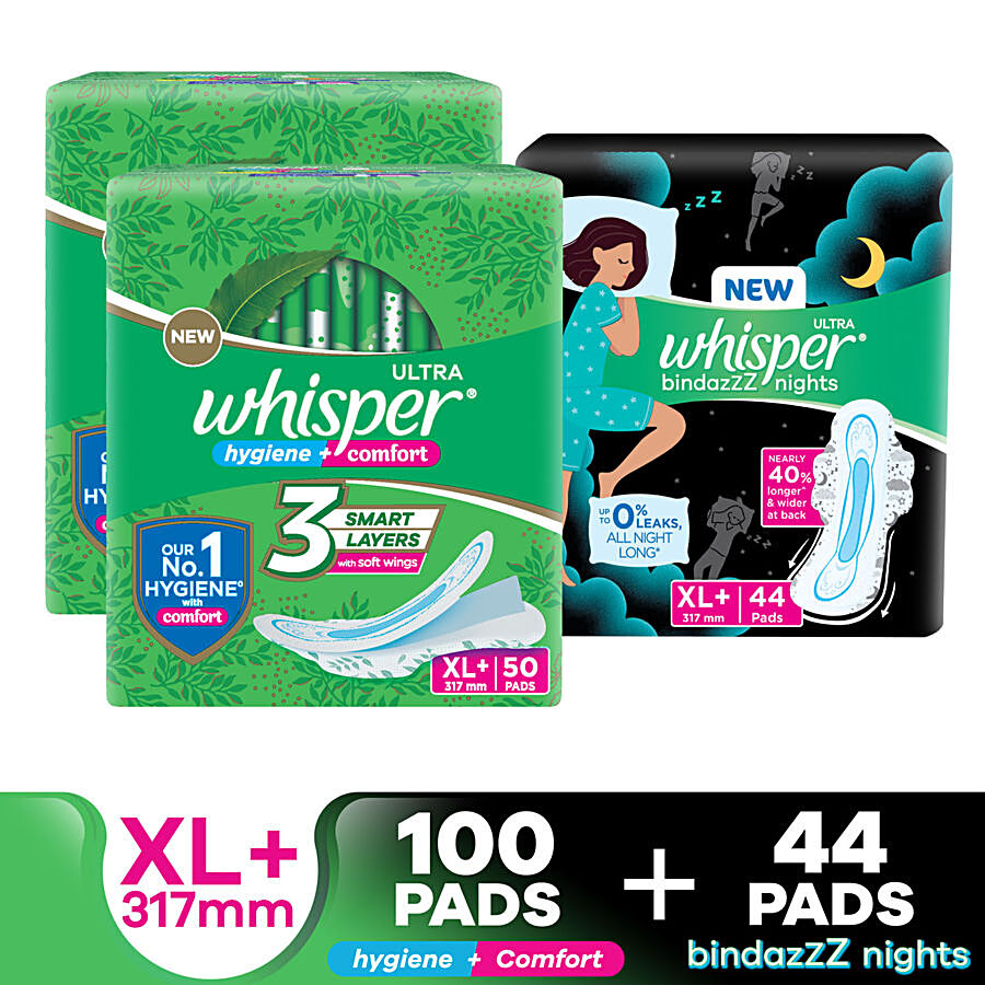 Buy Whisper Bindazzz Night Thin XL+ Sanitary Pads for upto 0% Leaks-40%  Longer with Dry top sheet,44 Pad Online