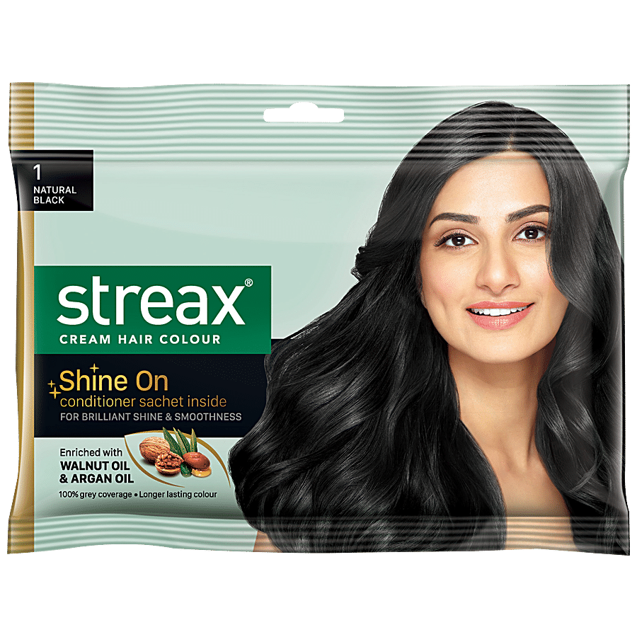 Streax Cream Hair Colour - With Shine On Conditioner, For Smooth & Shiny  Hair, 45 ml Natural Black of Rs 35 - bigbasket