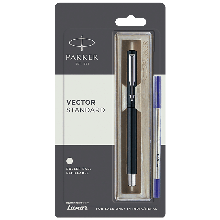 Parker Roller Ball Pen - Chrome Trim, Blue, Vector Standard, Writes  Smoothly, 1 pc