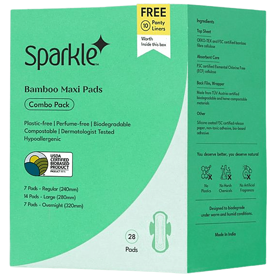 Sparkle Bamboo Maxi Sanitary Pads - Combo Pack, Regular, Large & Overnight,  28 pcs