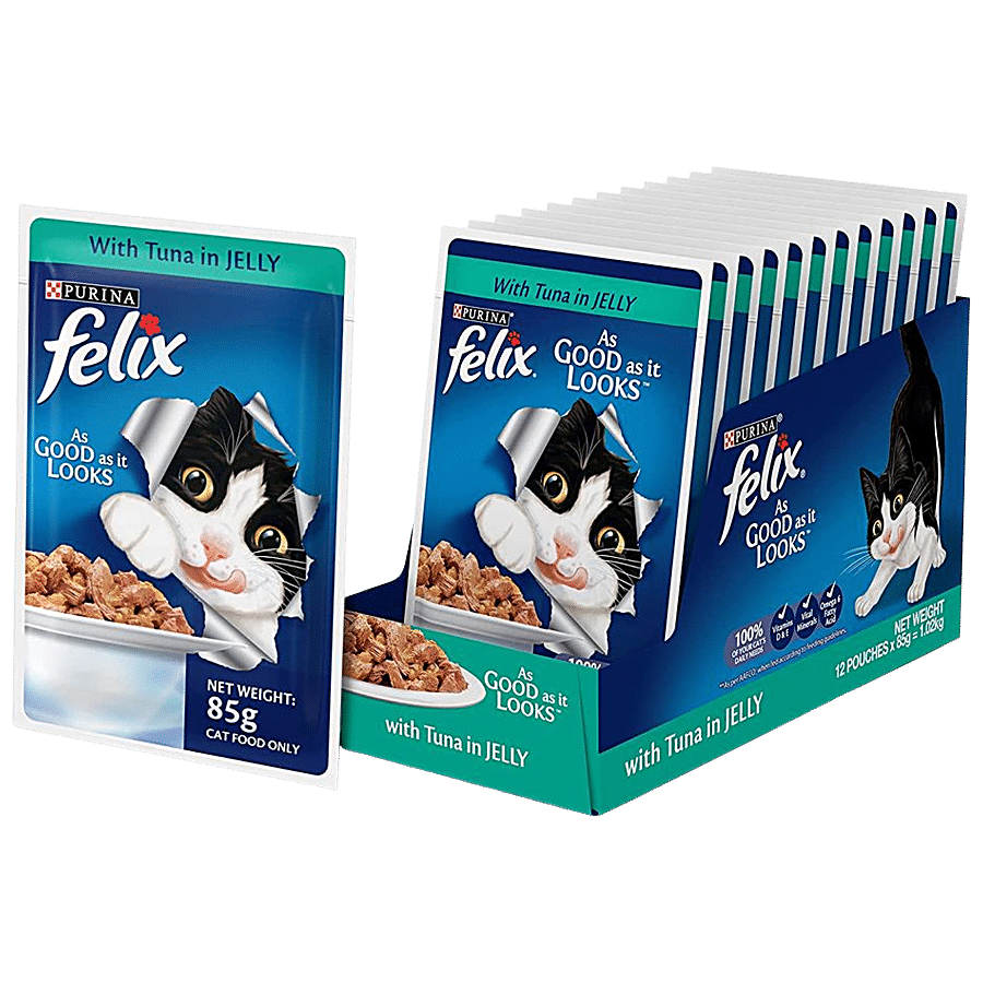 Felix As Good As It Looks Adult Wet Cat Food Tuna in Jelly 20 x 100g Pouches  : : Pet Supplies